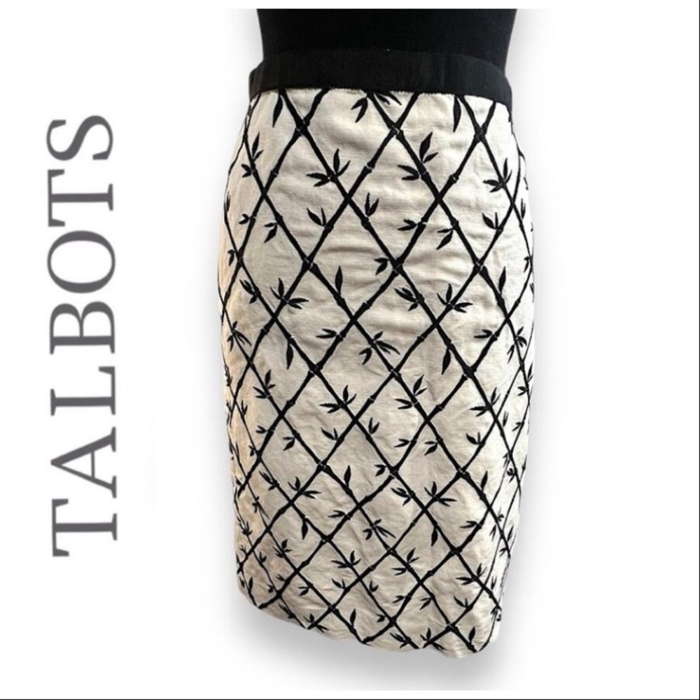 TALBOTS Vintage Ivory and Black Bamboo Embroidered A Line Skirt SZ 6
